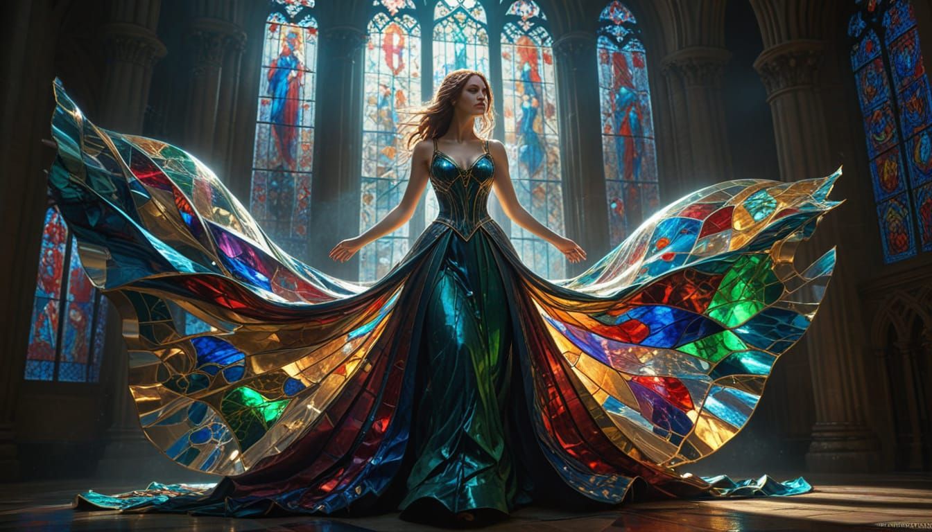 Stained Glass Gown Digital Painting in Art Nouveau Style