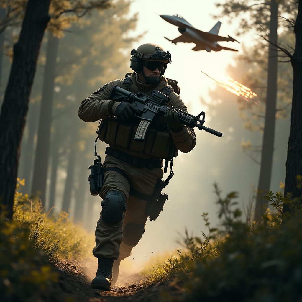 Special Ops Soldier in Forest Under F-16 Attack