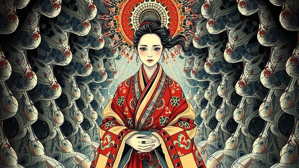 Ethereal Woman in Whirling Ink Wash Art