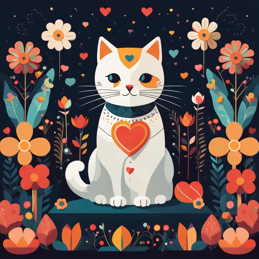 Cat on Pillow Surrounded by Flowers, Graphic Design Art