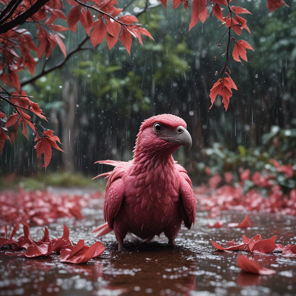 Pink Raptor Bathes in Rain, Amidst Vibrant Storm