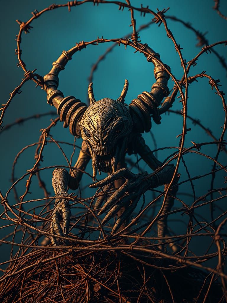 Biomechanical Alien Sculpture with Barbed Wire