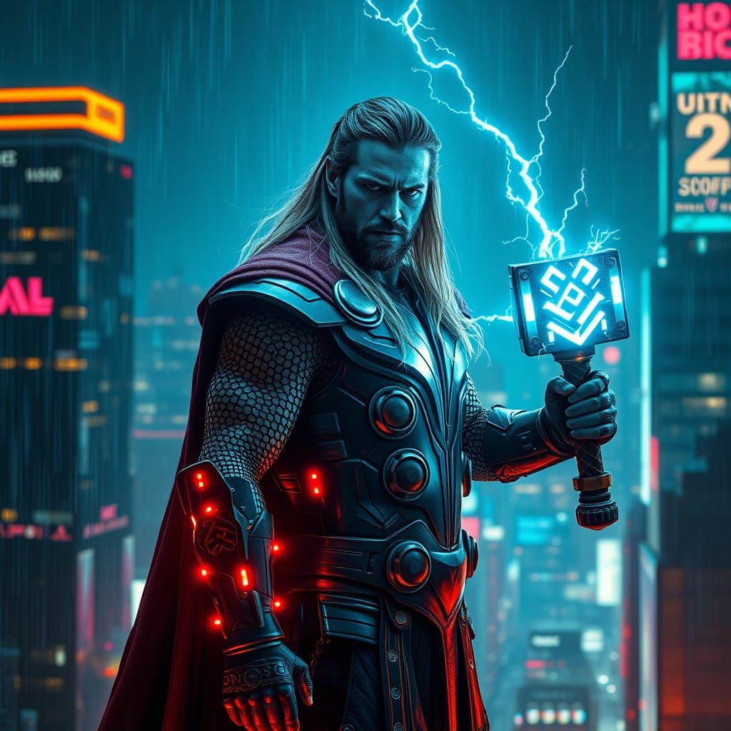 Thor as a cyberpunk warrior