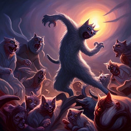 Cats Attack Demon in Dark Fantasy Style