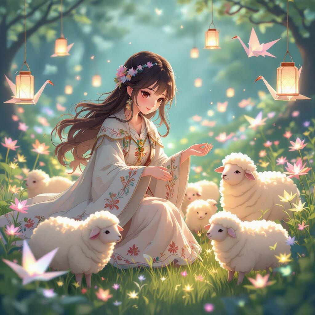 Celestial Shepherdess Tending Bioluminescent Garden in Anime...