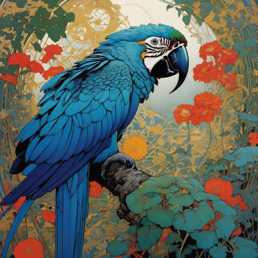 Intricate Macaw Drawing in Art Nouveau Style