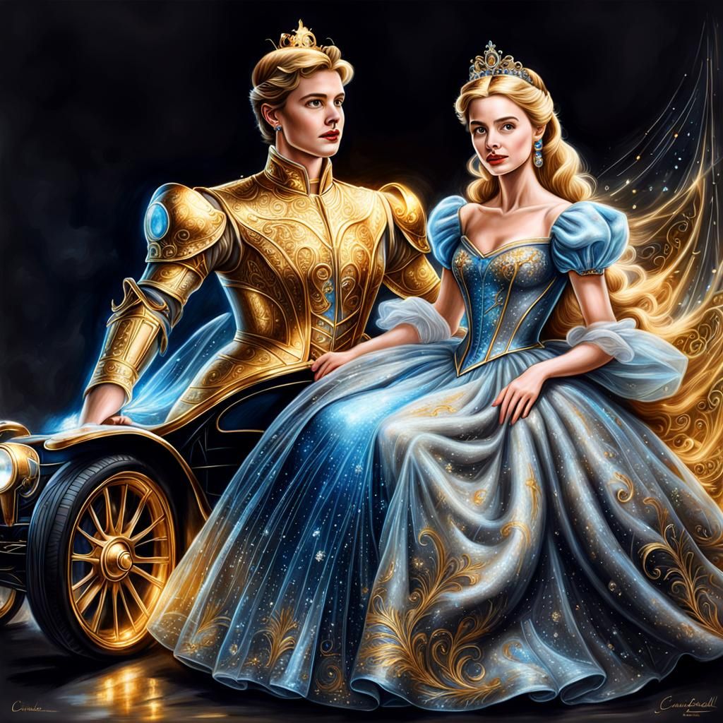 Detailed Cinderella in Glass Dress, Charcoal Drawing