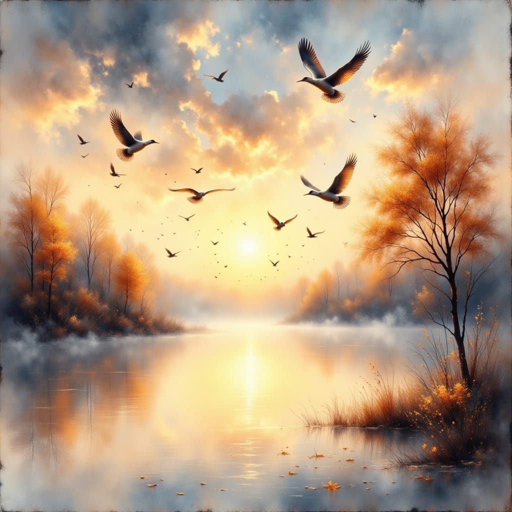 Dynamic Bird Flock Over Calm Lake at Sunrise