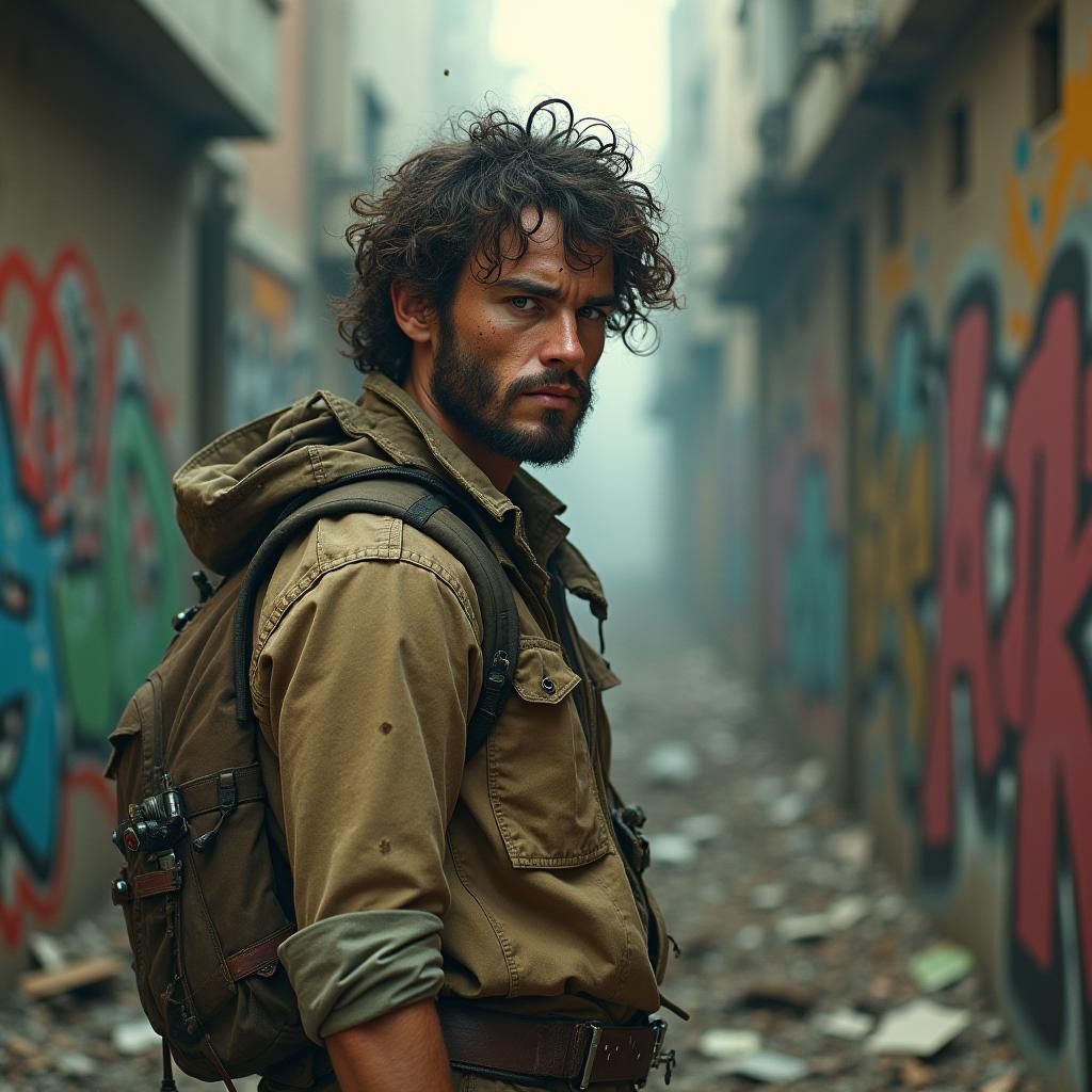 Post-Apocalyptic Man in Dystopian Urban Landscape