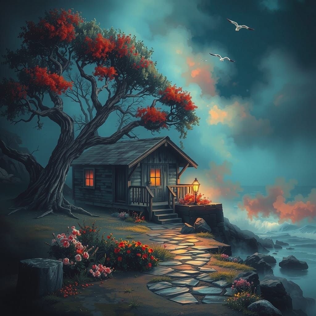 Whimsical Surf Shack Amidst Vibrant Coastal Fog