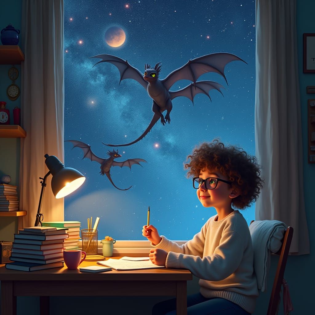 Girl Studies As Dragons Fly Through Starry Sky