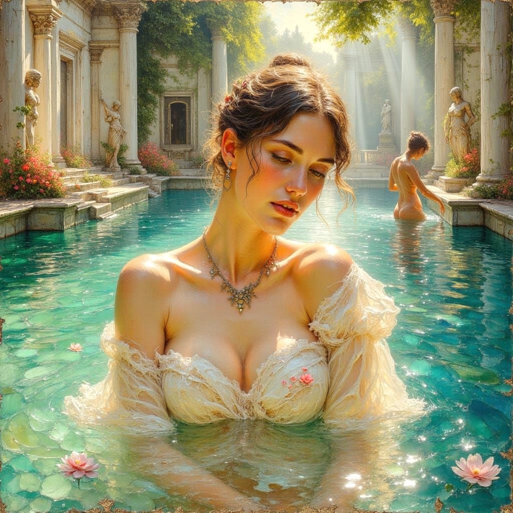 Italian Woman in Roman Bathhouse, Impasto Oil Painting