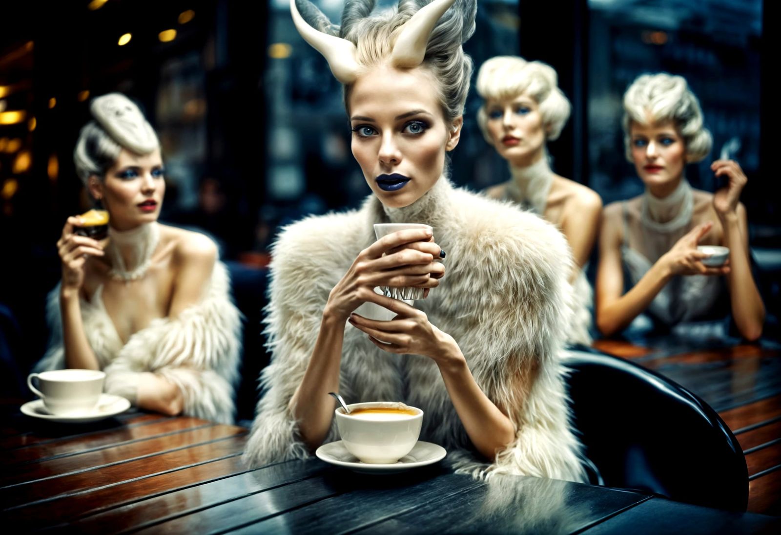 Women and Alien Friends in Cafe: Hyperrealistic Portrait