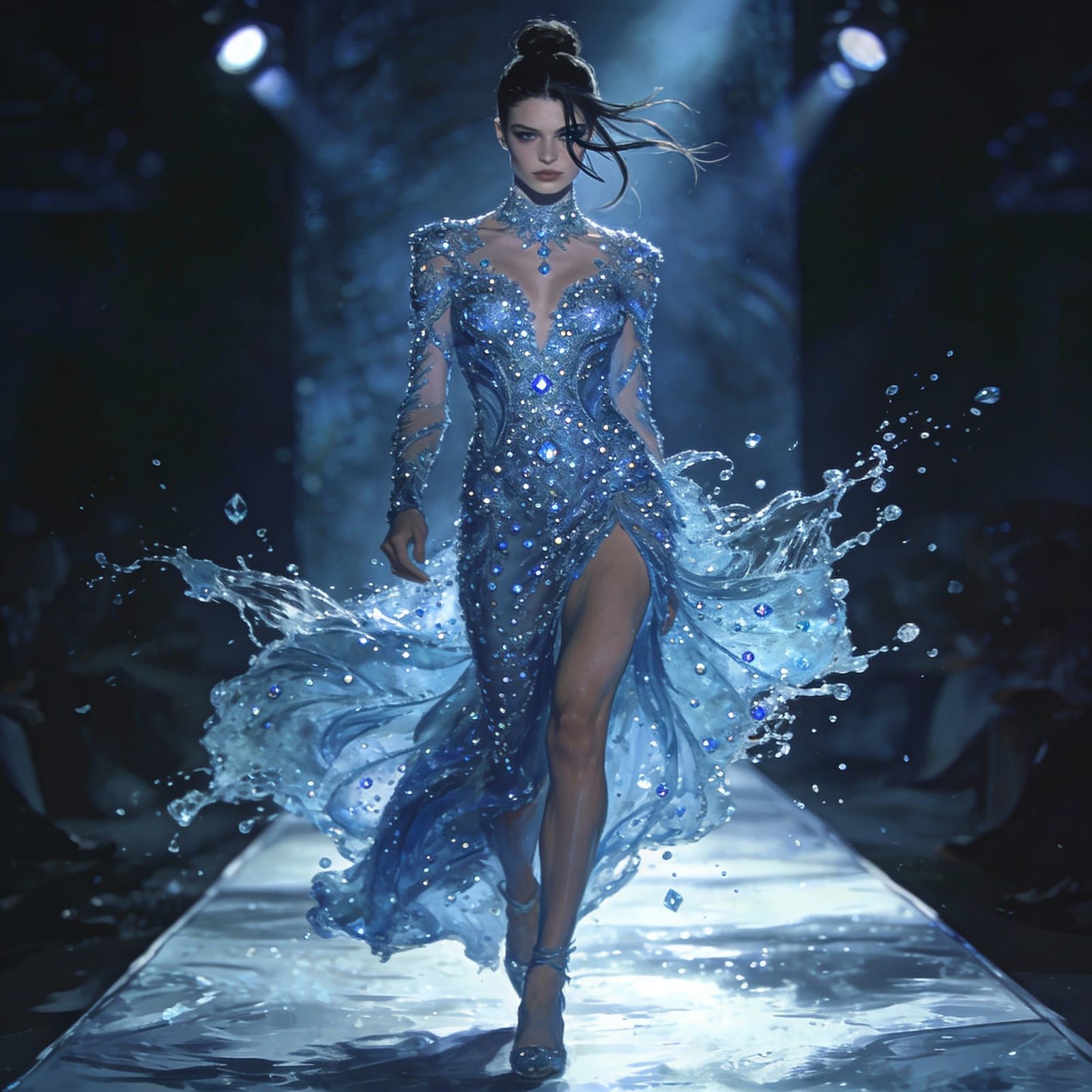 Model Struts in Sparkling Ice-Blue Gemstone Dress