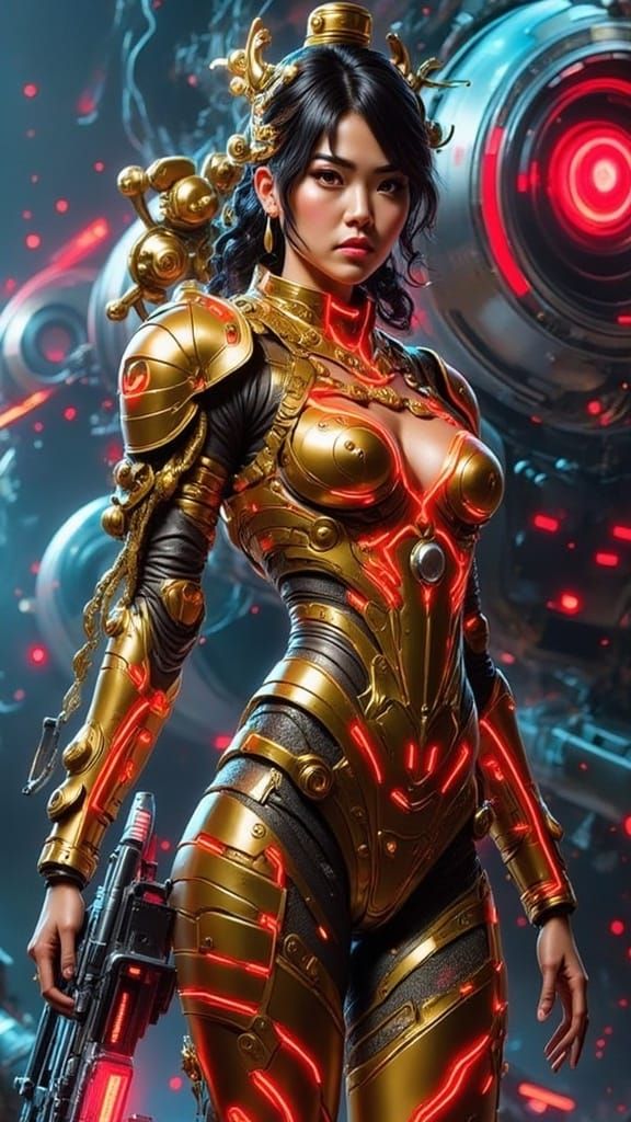 Surreal Cybernetic Assassin in Haunting Gold Armor