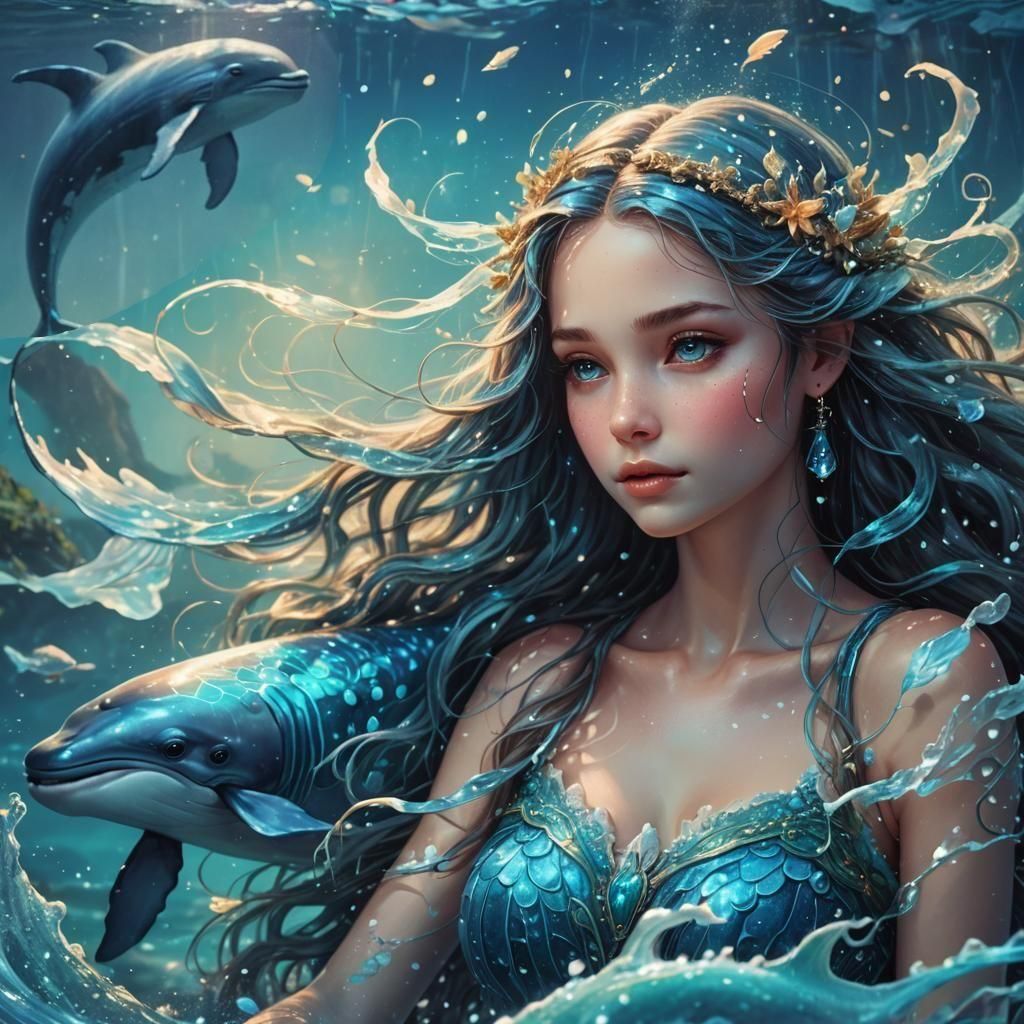 Miniature Blue Nymph and Whale in Seafoam