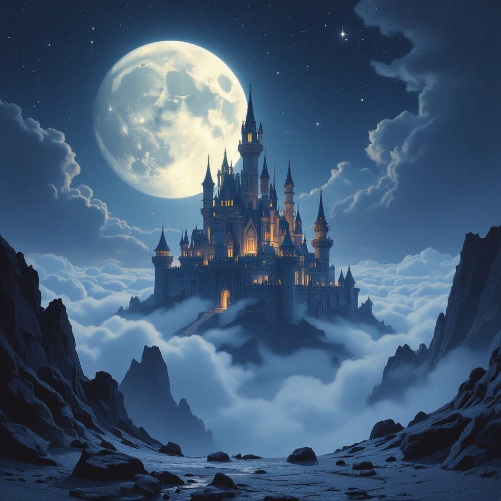 Majestic Lunar Castle in Atmospheric Landscape