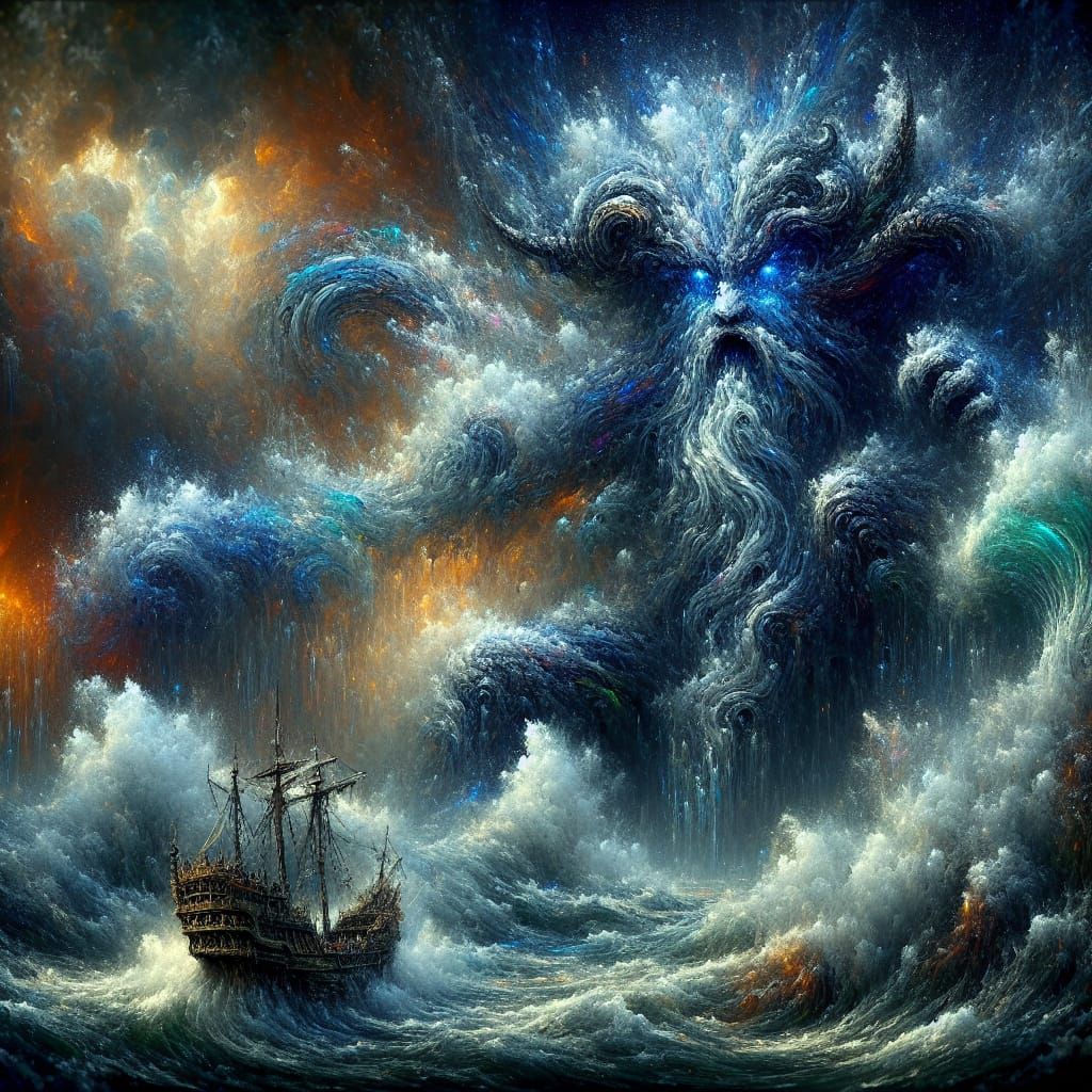 Water Elemental Engulfs Ship: Fantasy Impasto Painting