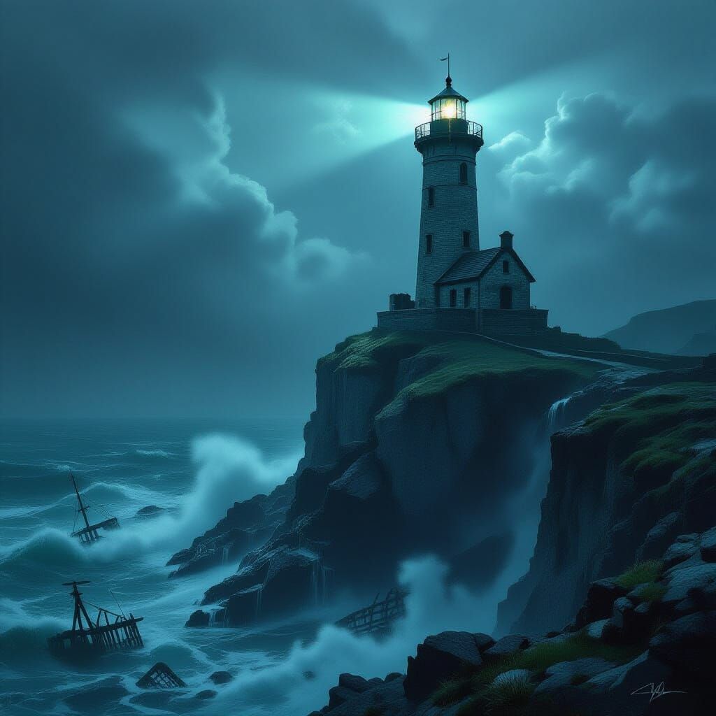 Stormy Lighthouse Beam Cuts Through Darkness Over Churning S...