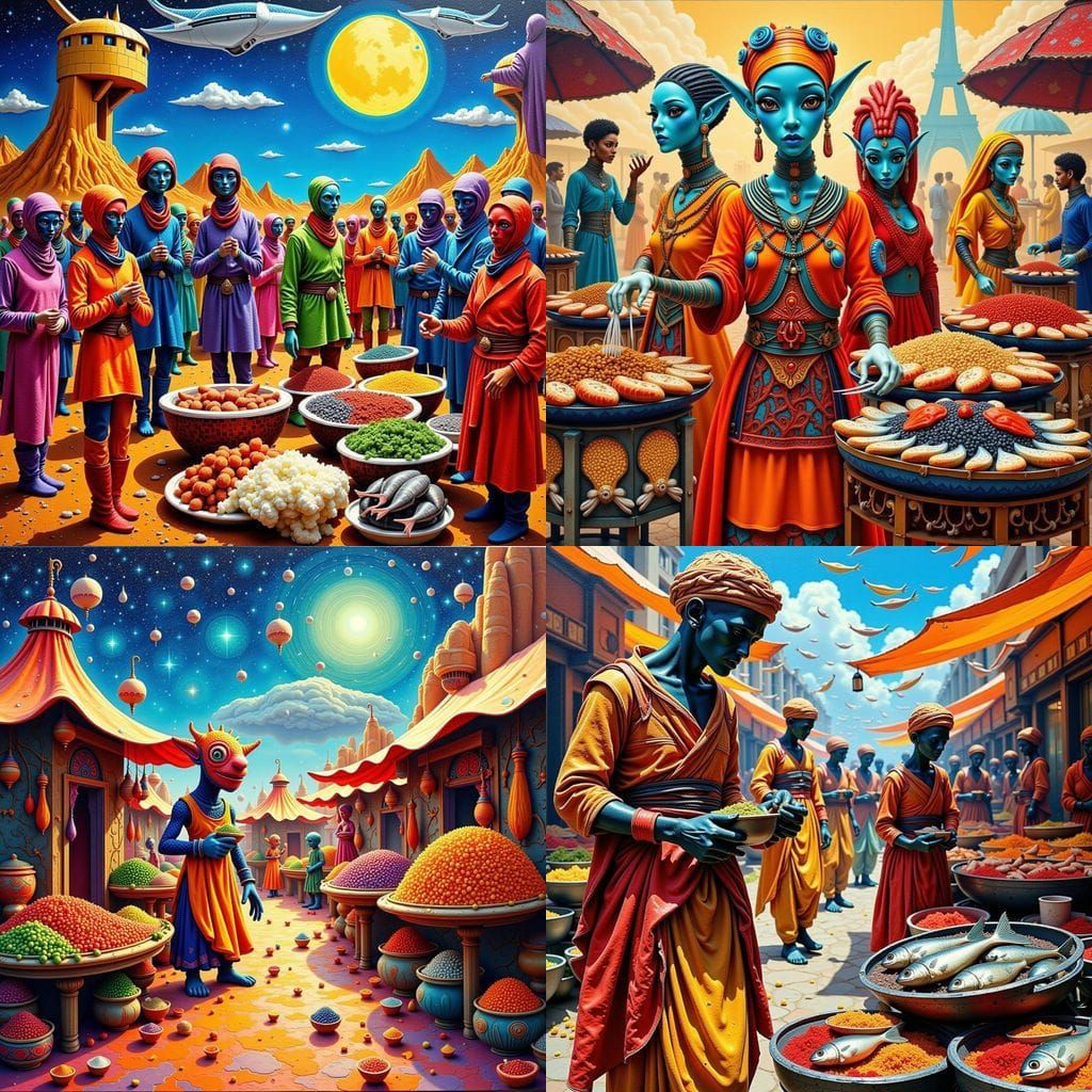 Alien Market on Small Planet Selling Spiced Fish