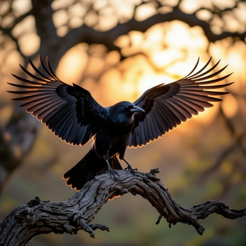 Noble Crow Lands on Old Hickory Tree at Dawn