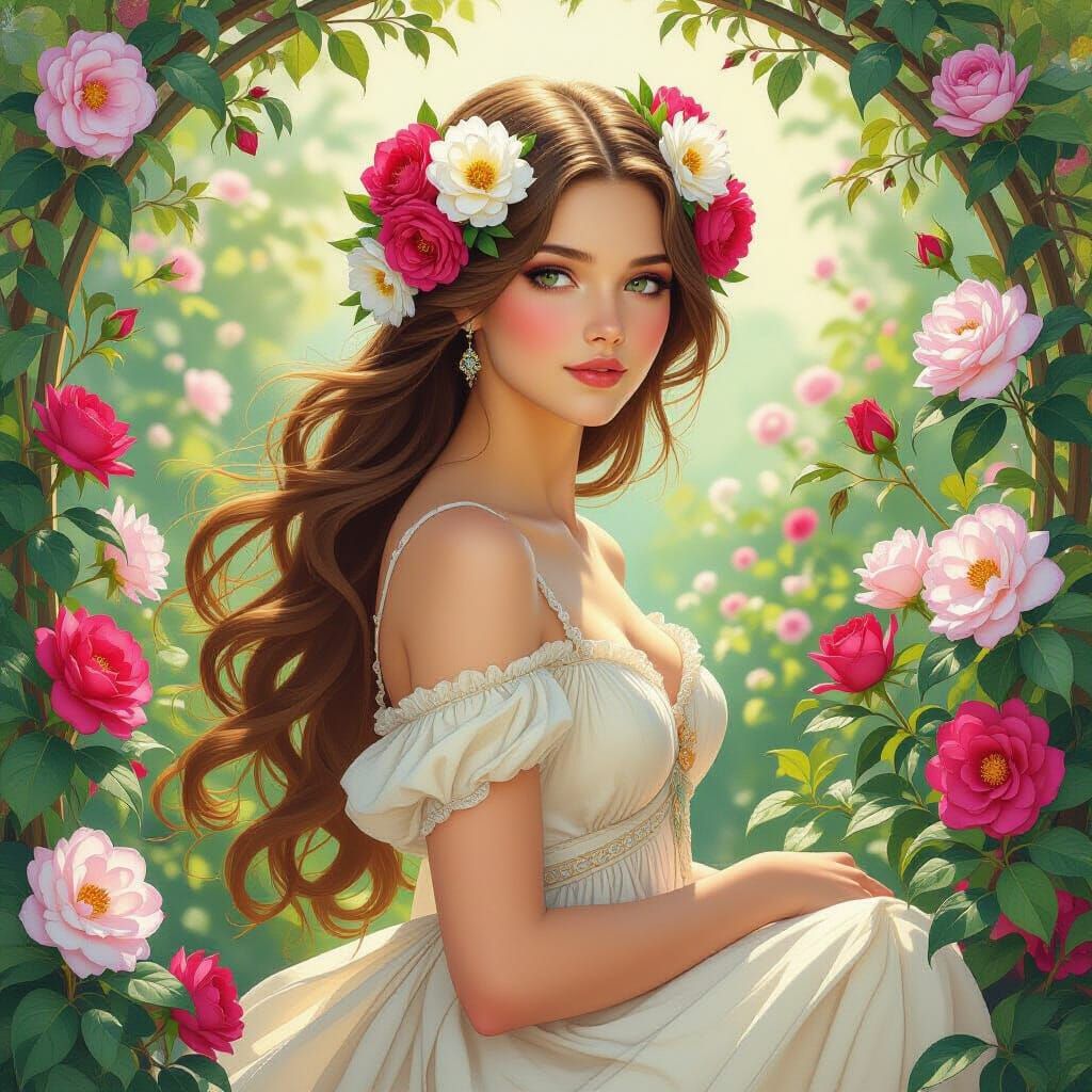 Floral Maiden in Lush Garden, Art Nouveau Style