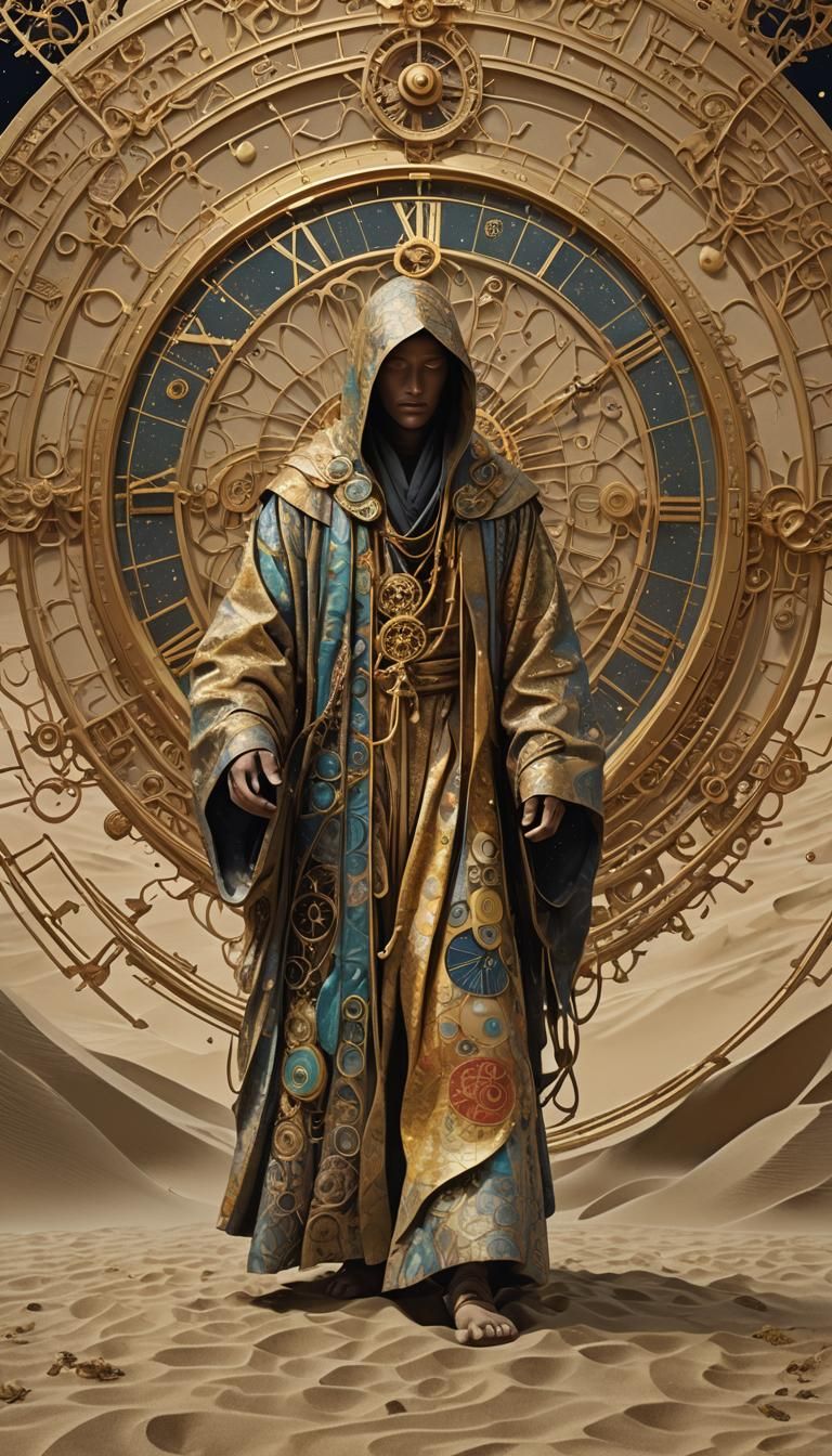 Surreal Figure Weaving Time in Endless Void