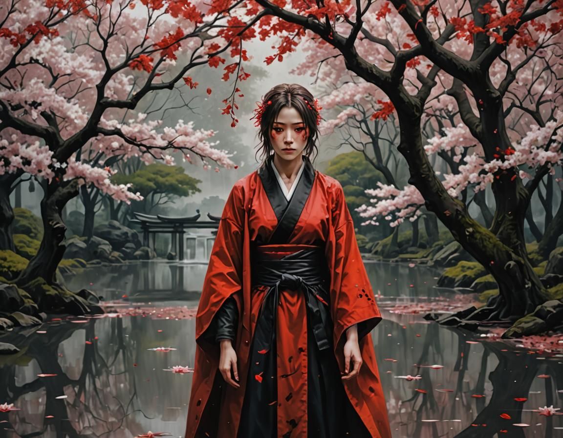 Bloody Sakura Tree with Bride in Realistic Style