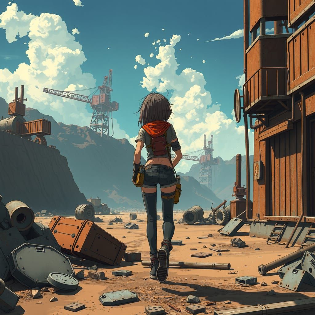 Sci-Fi Anime Girl at Ruined Industrial Outpost