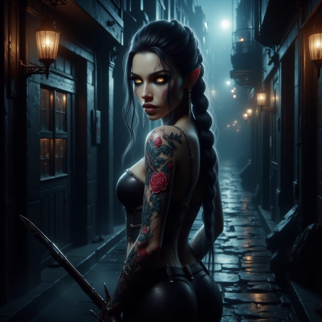 Elf Assassin in Ominous Harbor Alleyway