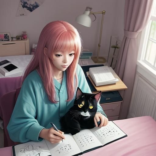Girl Journaling with Cat in Anime Style