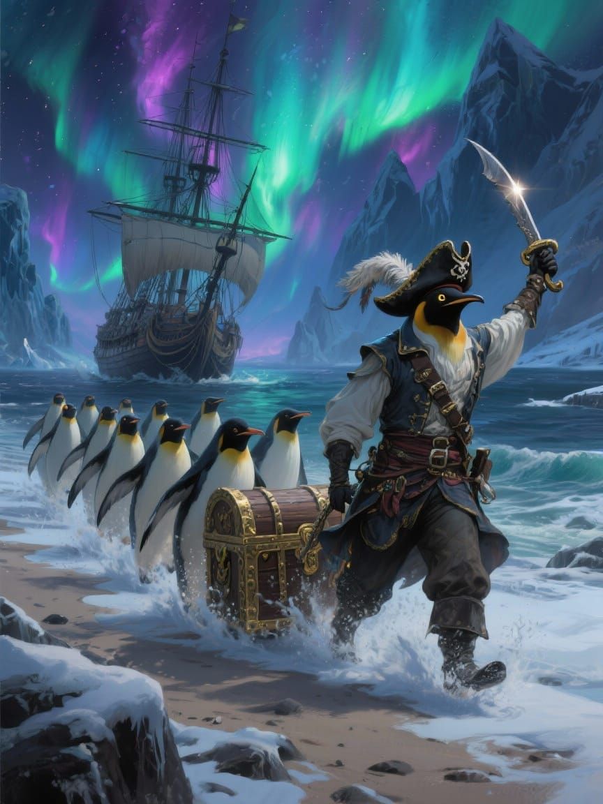 Penguin Pirates Haul Treasure Under Aurora Sky