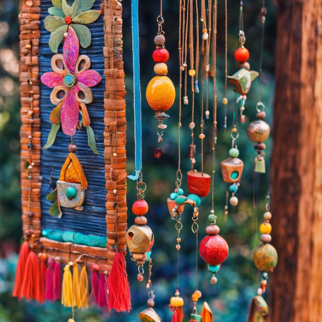 Vibrant Folk Art Wind Chimes at Shrine