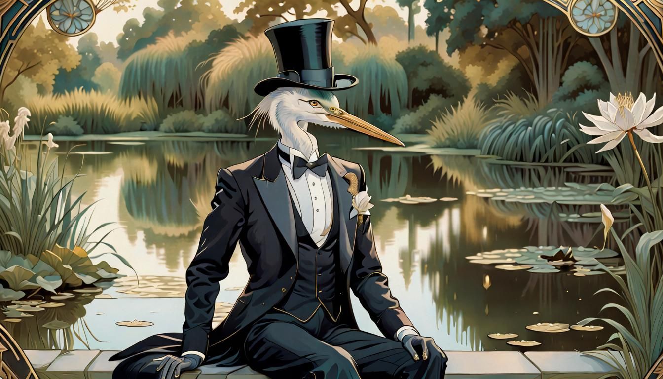 Elegant Heron in Tuxedo, Art Nouveau Style