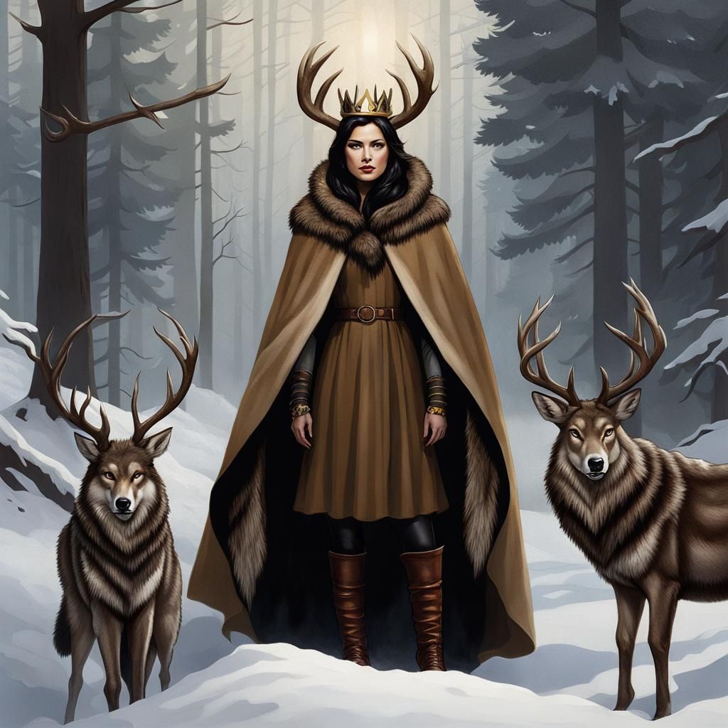 Woman with Deer Horns and Wolf Cape in Forest