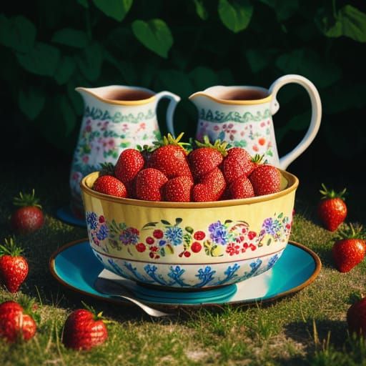 People Eating Strawberries in Estonian Naive Art