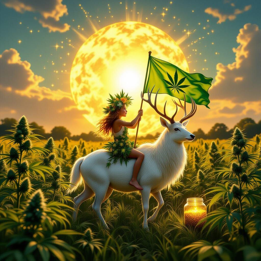 Child on Stag in Radiant Cannabis Field