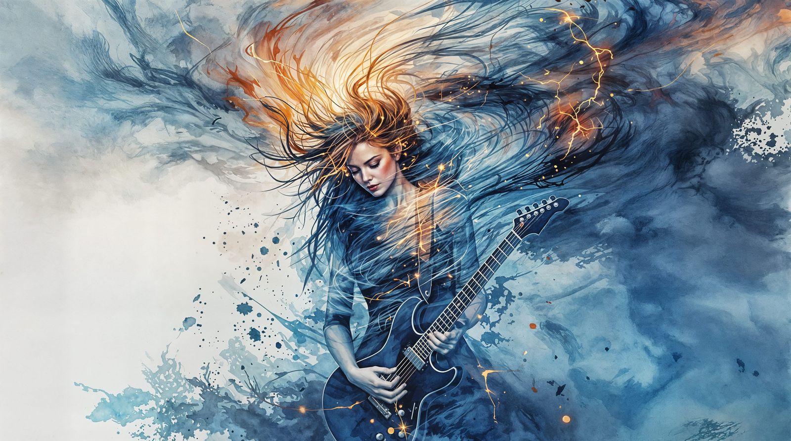 Dreamlike Double Exposure Artwork: Tornado Meets Guitarist