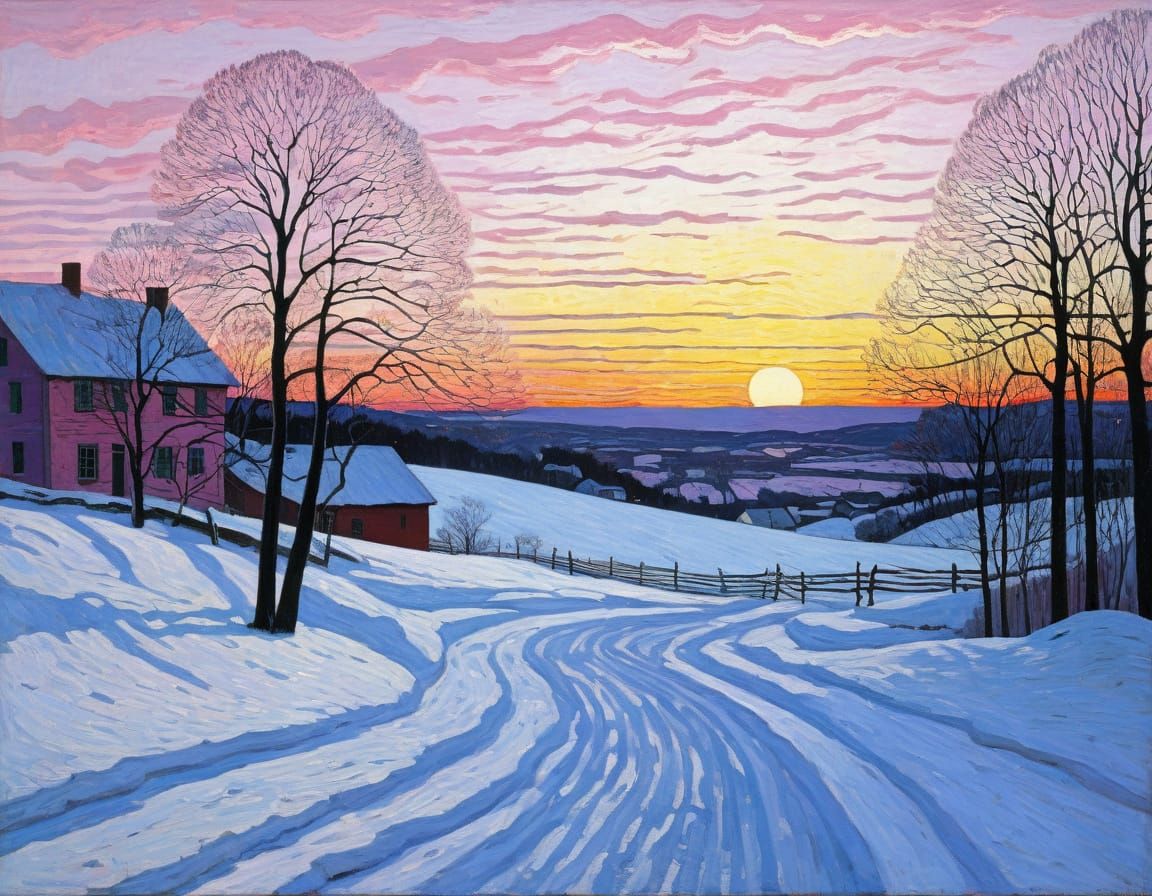 Vibrant Winter Scene with Pink Sunset