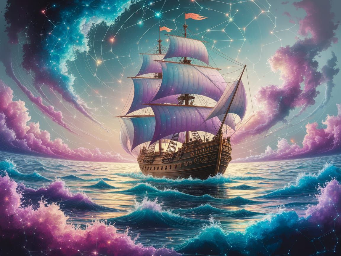 Galleon Sailing Through Galaxy in Watercolor Painting