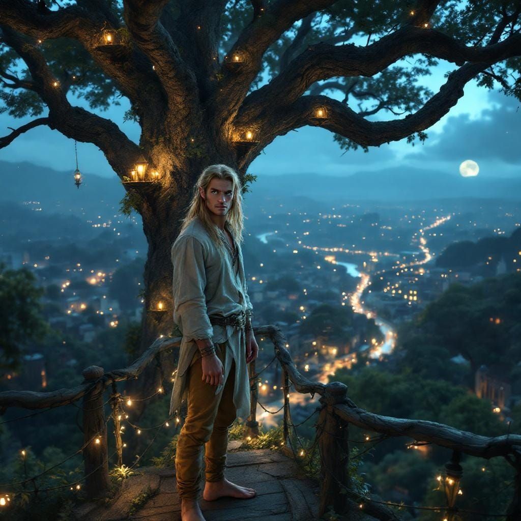 Elf in Tree-City at Dusk: Hyperrealistic Cinematic Scene