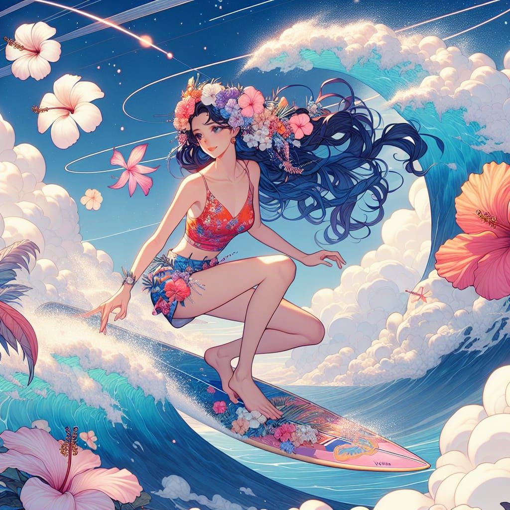 Anime Girl Surfing Cloud Waves in a Fantasy World