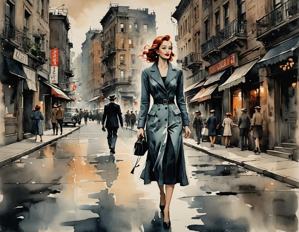 Vintage Woman Strolls Through a Moody Cityscape