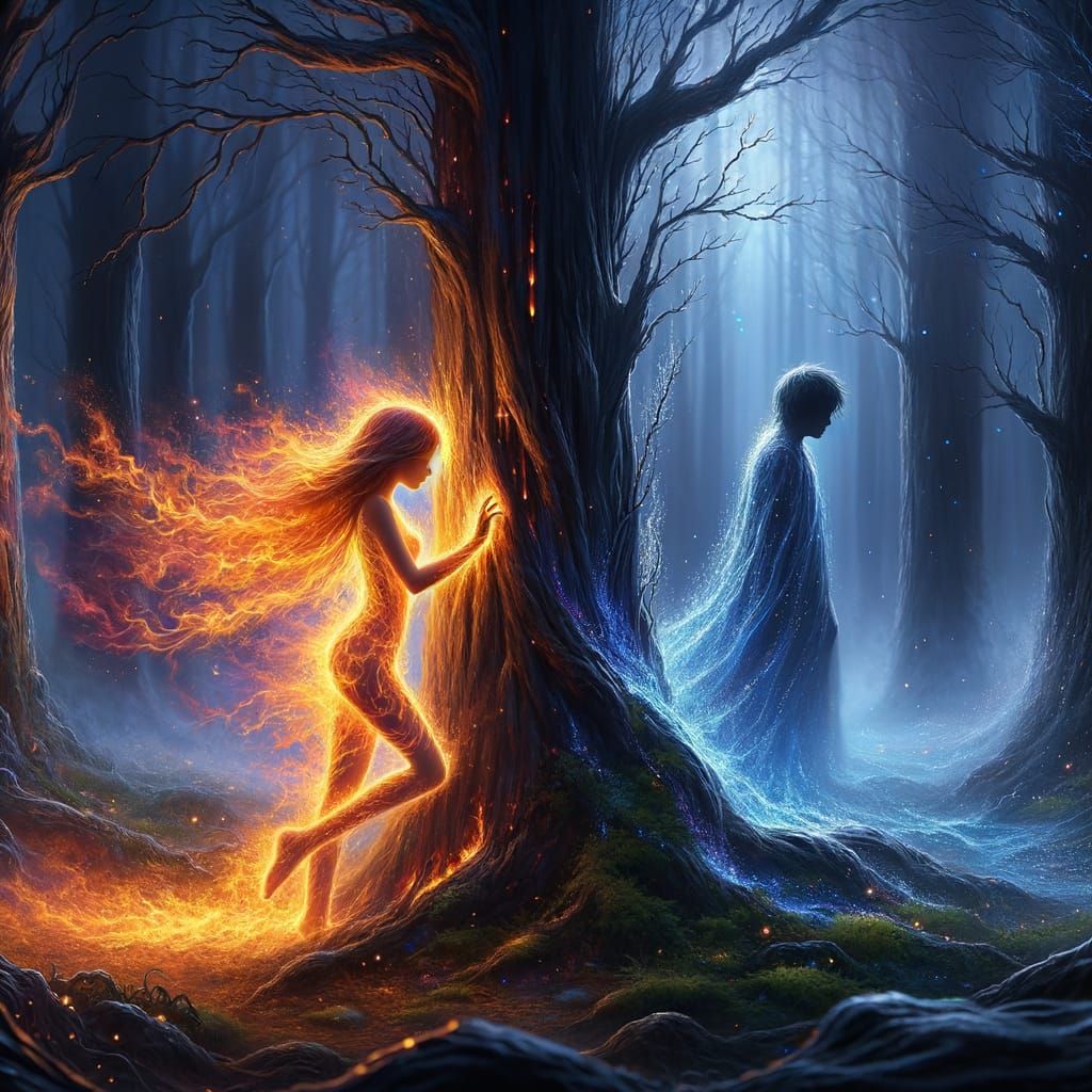 Surreal Twilight Scene: Fire and Water Embrace in Enchanted ...