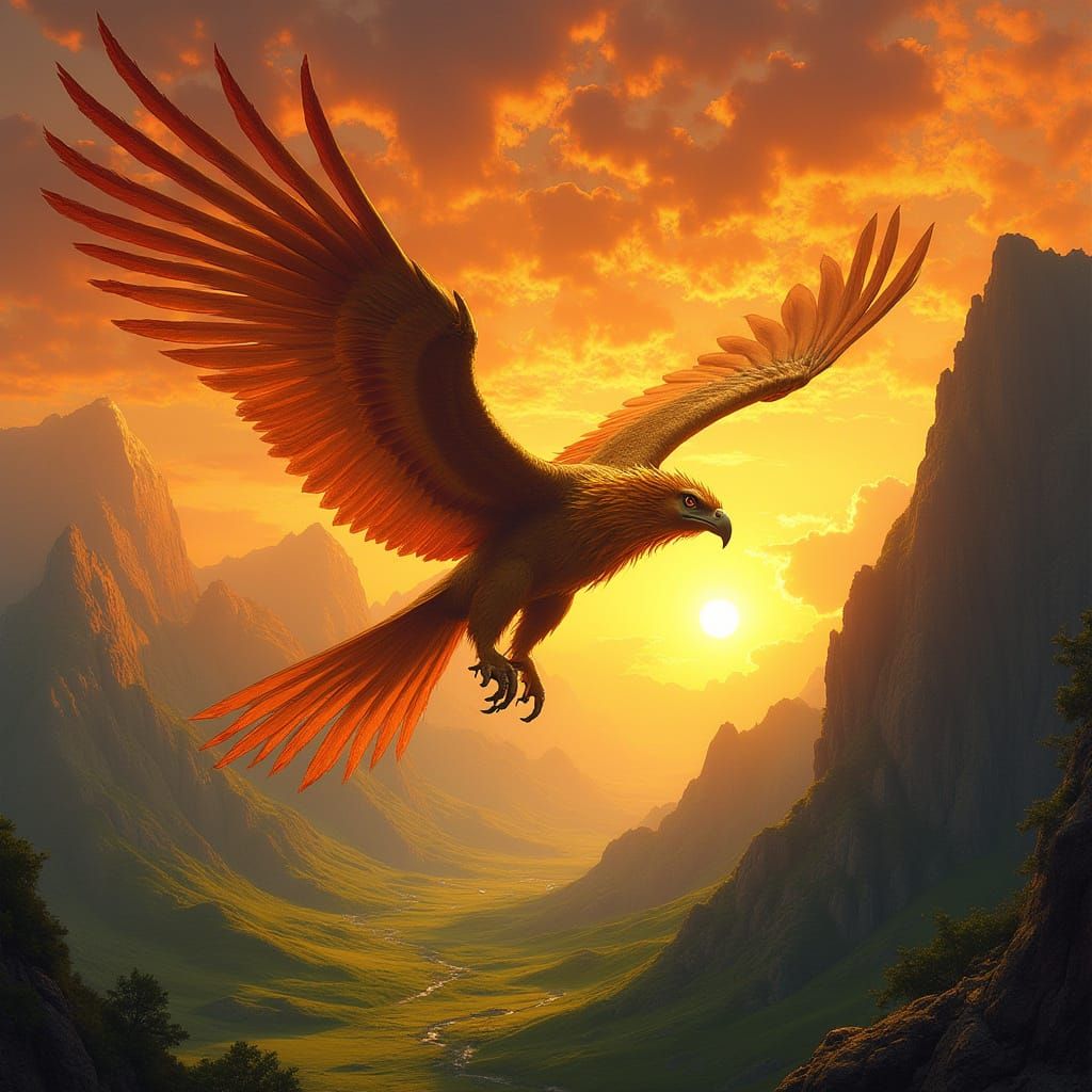 Griffin Soaring Through Sunset Sky in Art Nouveau Style