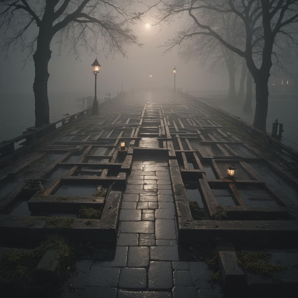 Ominous Fog on Pier Promenade at Night