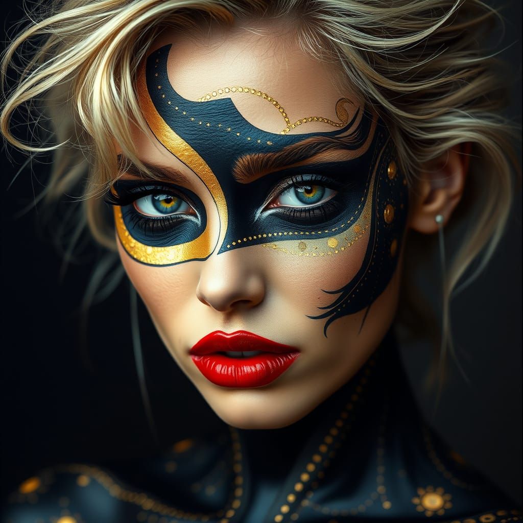 Hyperrealistic Portrait with Intricate Body Paint and Gold A...