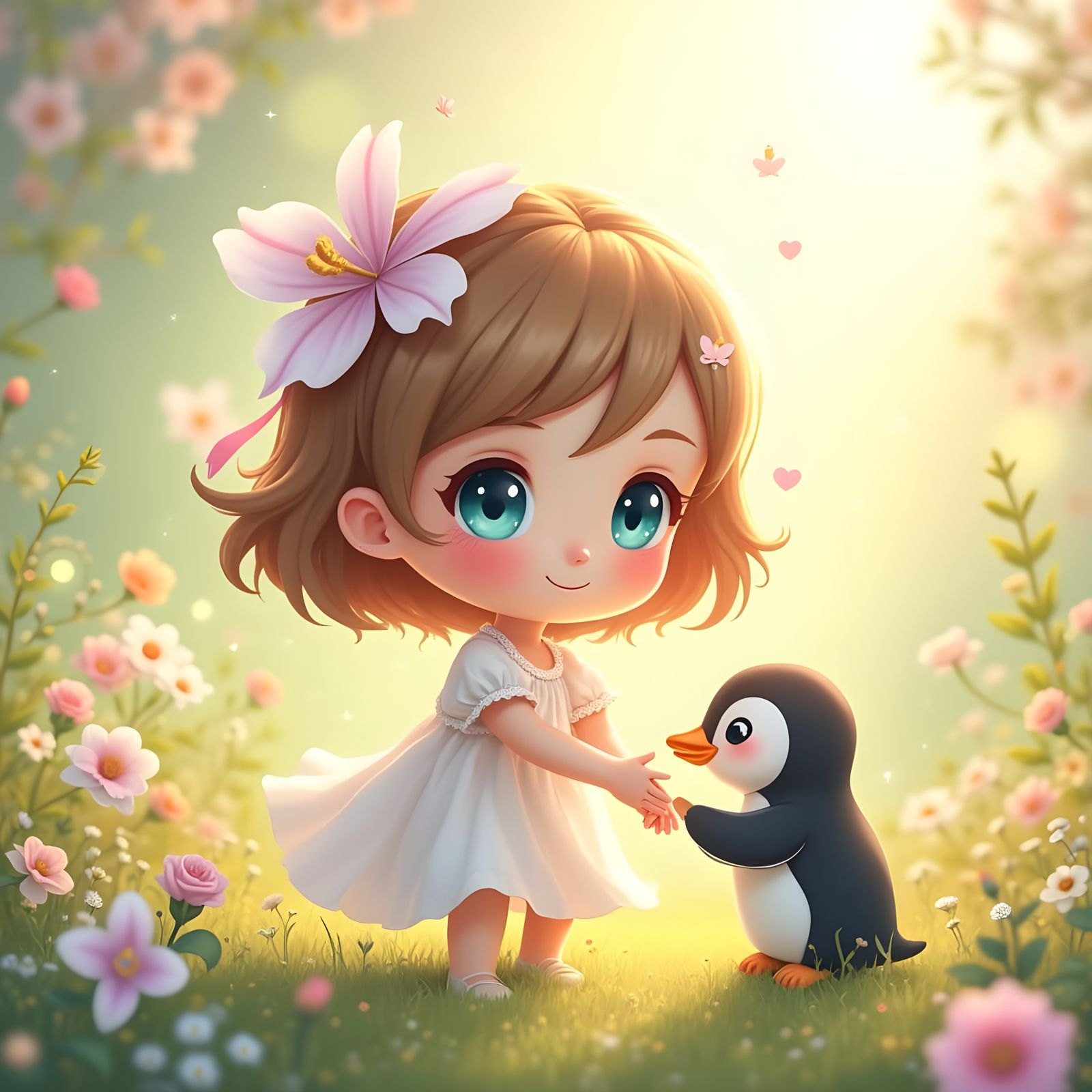 Chibi Girl and Penguin in Sunlit Meadow