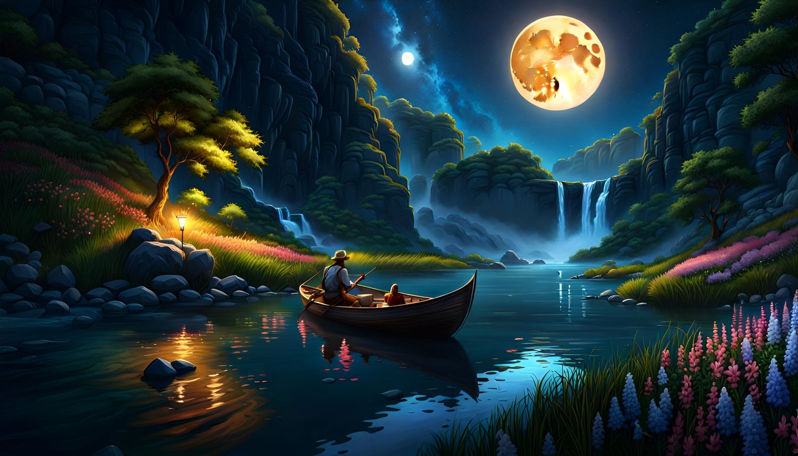 Fisherman on Mountain River under Starry Night