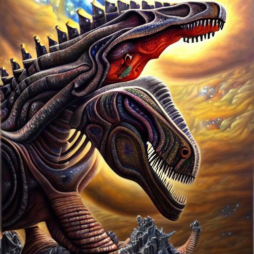 Celestial Tyrannosaurus in Hyperreal Oil Painting Style